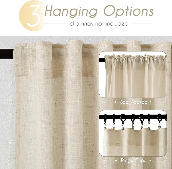 Faux Linen Beige Curtains 45 inches Long for Living Room Rustic Farmhouse Linen Drapes Semi Sheer Burlap Textured Canvas Cloth Curtain Panels Set of 2 Kahki Tan Colored