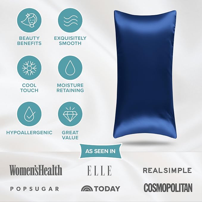 Bare Home 100% Mulberry Silk Pillowcase for Hair and Skin - Ultra Premium 6A Grade 19 Momme Silk Pillow Case - Hidden Zipper - Breathable Cooling Pillow Cover (Body, Dark Blue)