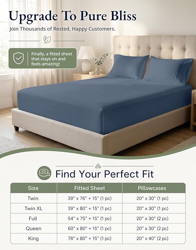 LANE LINEN 100% Organic Queen Size Fitted Sheet(+Pillowcases), Soft & Comfy Fully Elasticized Naturaly Temperature Regulating for Hot Sleepers Deep Pocket Fits Mattress Upto 15"- Estate Blue