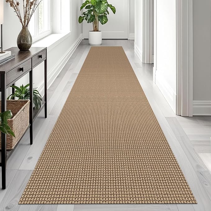 EARTHALL Woven Runner Rug 2.6x12 Ft Washable Runners for Hallways Extra Long Cotton Non Slip Rubber Backed Kitchen Runner Braided Indoor Floor Carpet for Entryway, Hall, Kitchen, Orange/Tan/Brown