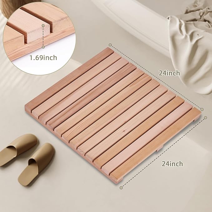 bingaai Cedar Wood Shower Mat 24" × 24", Cedar Wood Bath Mat Square, Wooden Shower Stall Mat Non-Slip for Bathroom Bathtub Spa Sauna Garden Home, Wooden Floor Mat Large for Indoor and Outdoor