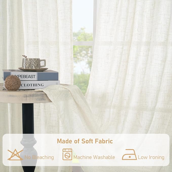 LAMIT 40 Inch Linen Semi Sheer Curtains for Small Window, Light Filtering Neutral Drapes Farmhouse Boho Back Tab and Rod Pocket Panels, Cream, 2 Panels, 52 x 40 Inch