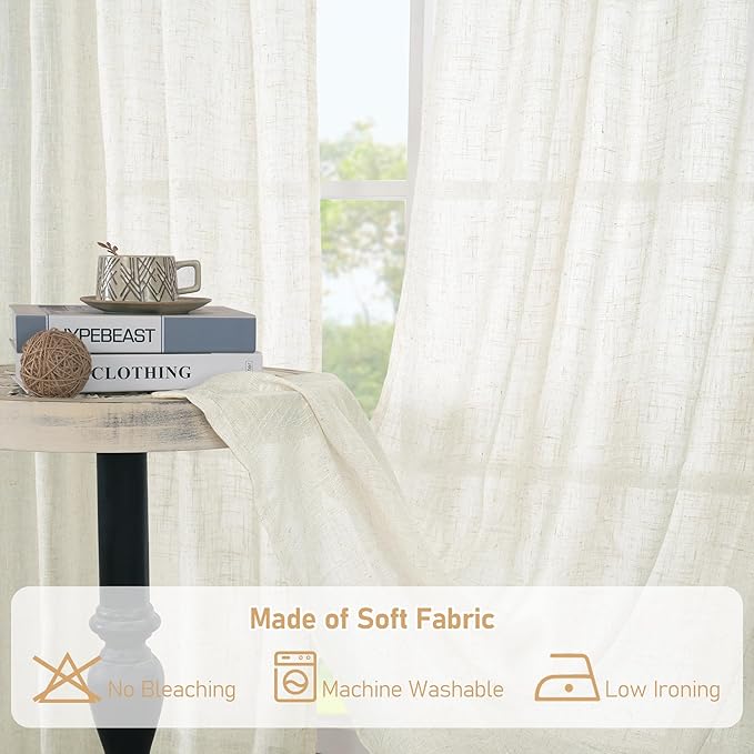 LAMIT Cream Linen Curtains 84 inch Length 2 Panels, Light Filtering Semi Sheer Panels Back Tab and Rod Pocket Neutral Boho Drapes for Living Room/Bedroom, 52 x 84 Inch