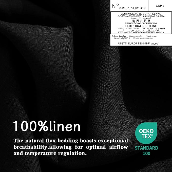 EVERLY 100% Linen Pillowcases Set of 2, French Linen from Normandy, 20X30Inch Queen Size, Natural Color, Coconut Buttons Closure, Flax Pillowshams-Pillowcase-Black