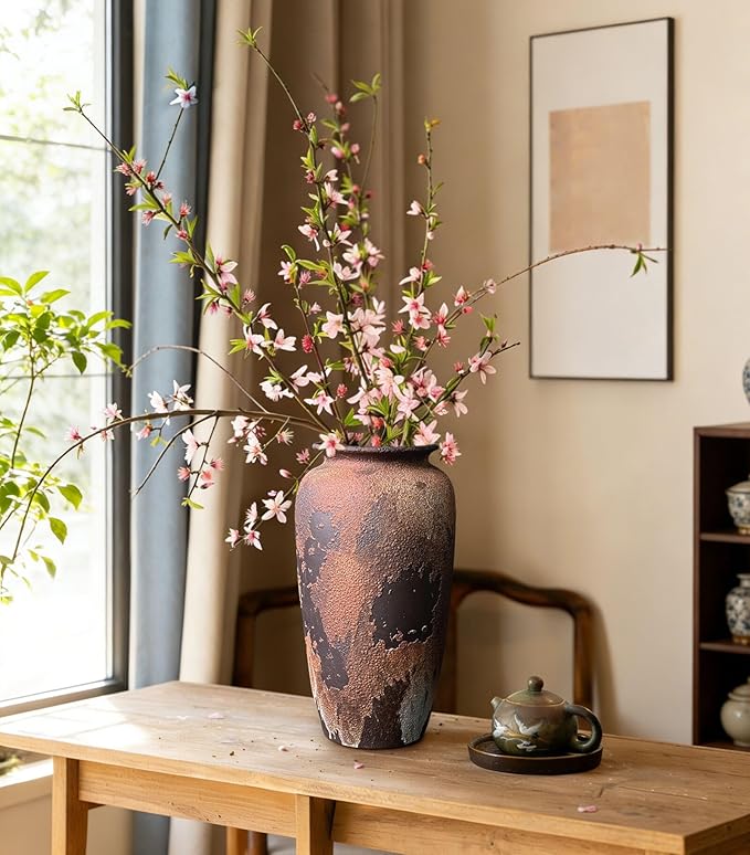 GeLive Large Rustic Ceramic Vase, 12 Inch Textured Distressed Brown Pottery, Handmade Wabi Sabi Boho Farmhouse Vase for Pampas Grass, Fresh & Dried Flowers, Living Room, Entryway, Table Centerpieces