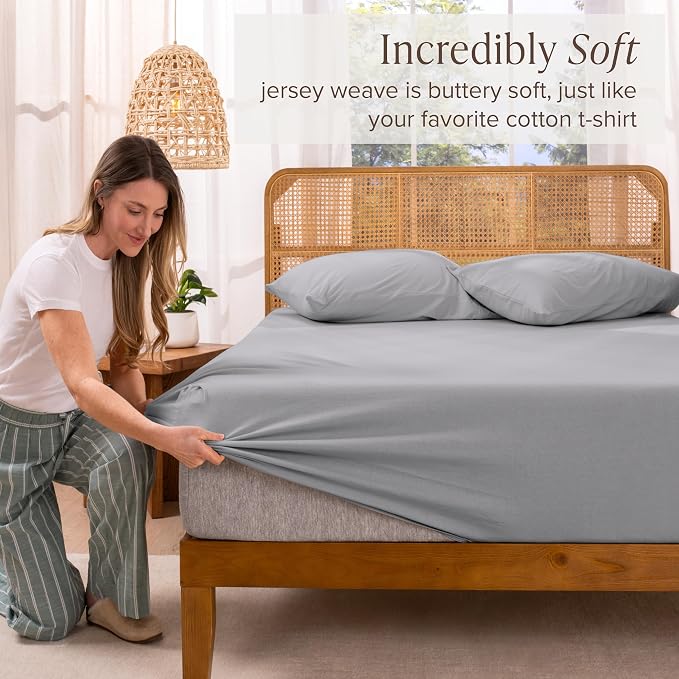 Bare Home 100% Organic Cotton Jersey Fitted Sheet - Twin XL Size - Ultra Soft - Deep Pocket Fitted Sheet - 100% Cotton - Ring Spun Yarns (Twin XL, Light Grey)