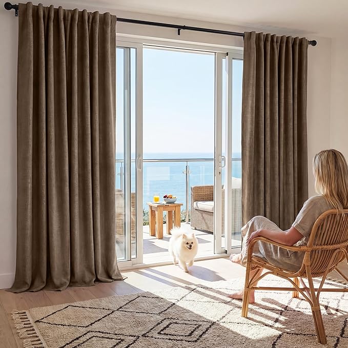 RYB HOME Brown Linen 100% Blackout Curtains for Bedroom 120 inch Long 52 Width, Thich Luxury Extra Long Drapes for Modern/Vintage/Farmhouse Home Decor, Thermal Insulated Window Treatment, 2 Panels