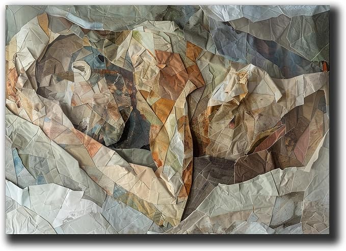 Print artistic nicely depicts a wild mountains, many pieces of fabric and torn paper of different textures and colors, Minimalist Wall Art, Wall