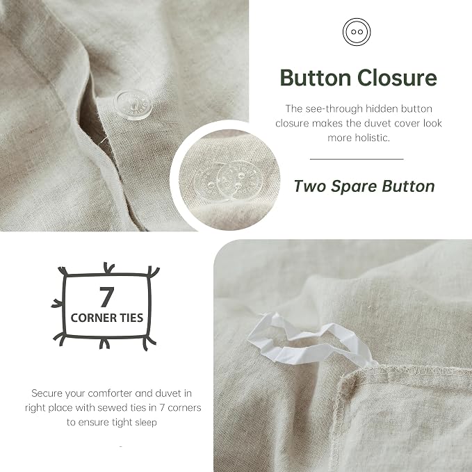 Simple&Opulence 100% Linen Duvet Cover Set, 3 PCS Natural French Flax Linen Duvet Cover Queen Size, Breathable Soft Comfy Linen Bedding Comforter Cover with 2 Pillowcases(Linen, 88"x92")