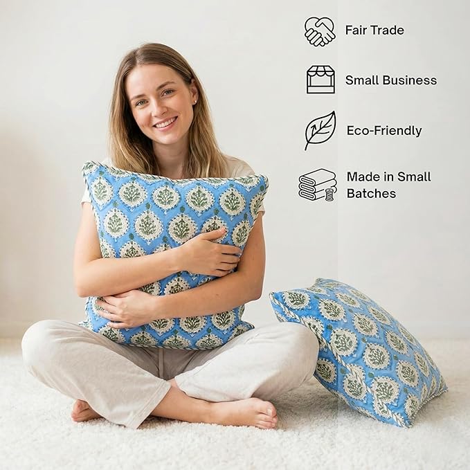 ATOSII Block Print Throw Pillow Covers, 18" X 18"- Set of 2, Decorative Couch Pillows for Living Room Bed Sofa, 100% Cotton Canvas Pillow Case for Home Decor & Outdoors, Preppy Throws - Kari Blue