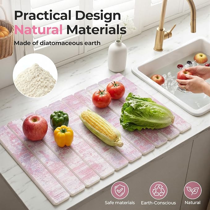 Findosom Stone Dish Drying Mat for Kitchen Counter, 15.7" × 11.8" Foldable Non-Slip Stone Drying Mat with Abstract Pattern, Heat Resistant Diatomaceous Earth Mat for Bath, Dishes, Cups, Pink