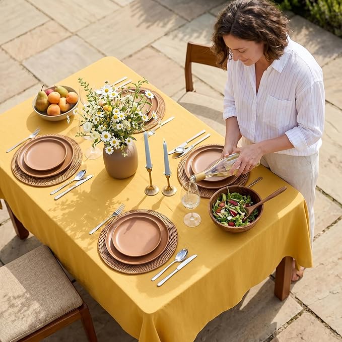Solino Home Linen Tablecloth for Rectangle Tables 60 x 144 Inch - 100% Pure Linen Mustard Yellow Table Cloth - Fete, Machine Washable Cloth Tablecloth for Summer