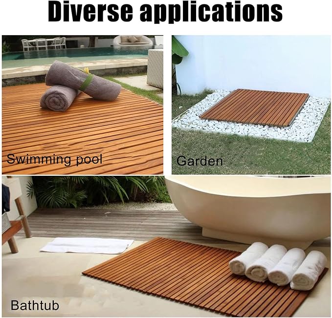 Non Slip Wood Bathroom Mat, Sturdy Teak Shower Mat, Natural Bamboo Floor Mat for Spa Home Outdoor, Waterproof Durable
