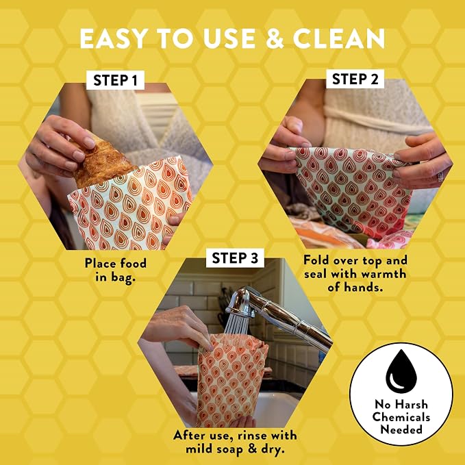 BeeBAGZ - Beeswax Wrap Storage Bag, Vegan Reusable Food Storage Bags, Pack of 2, Plastic Free Biodegradable Food Wrap Alternative, Snack Pack, 1 Small + 1 Medium, (Multicolors)