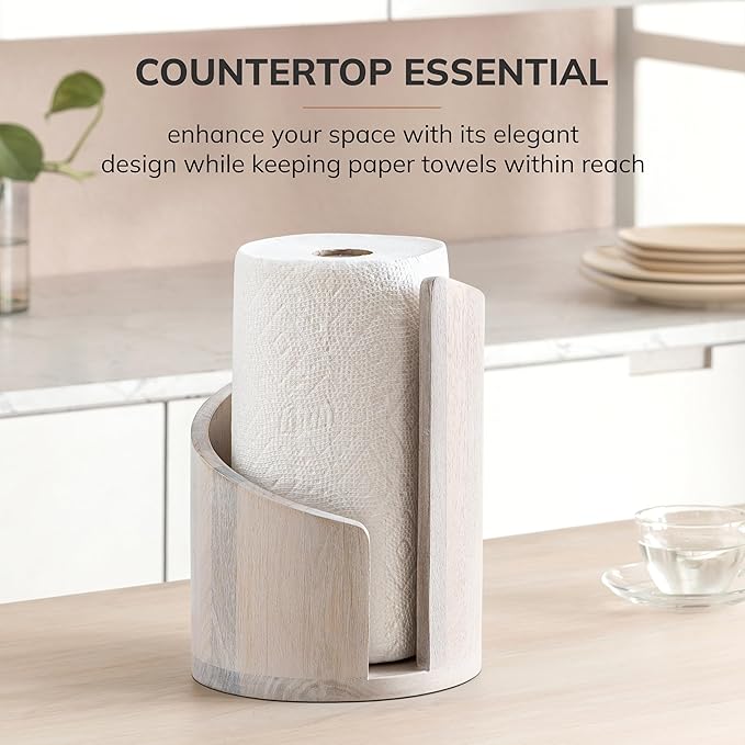 Anji Mountain Wooden Paper Towel Holder Countertop with Mango Wood Round Base and Iron Holder, Holder Stand for Kitchen Roll Organizer & Kitchen Dining Table Home Decor - Whitewash/Nickel, Classic