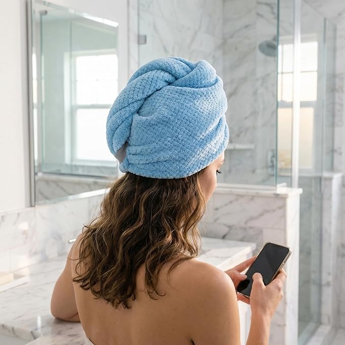Microfiber Hair Towel wrap for Long Curly Hair Super Absorbent Quick Drying Turban Cap Thick lint Free Lightweight 90g Travel Essential for Women After Shower Anti frizz (Blue, Pink & Gray)