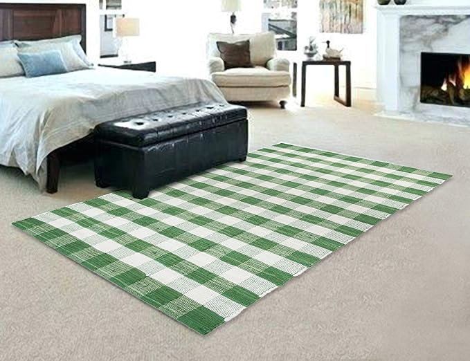 GLAMBURG Cotton Reversible Area Rug 3' x 5' Farmhouse Floor Mat, Handwoven Washable Carpet Checkered Plaid Rug for Front Porch Living Room Kitchen Bedroom - Green White