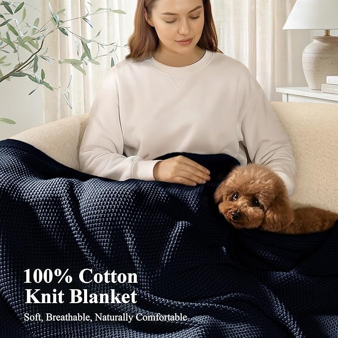 100% Cotton Cable Knit Throw Blanket, Lightweight Soft Knit Blanket for Sofa Couch Bed, Breathable All-Season Throw, Cozy Decorative Blanket, 50 x 60 Inch,Navy