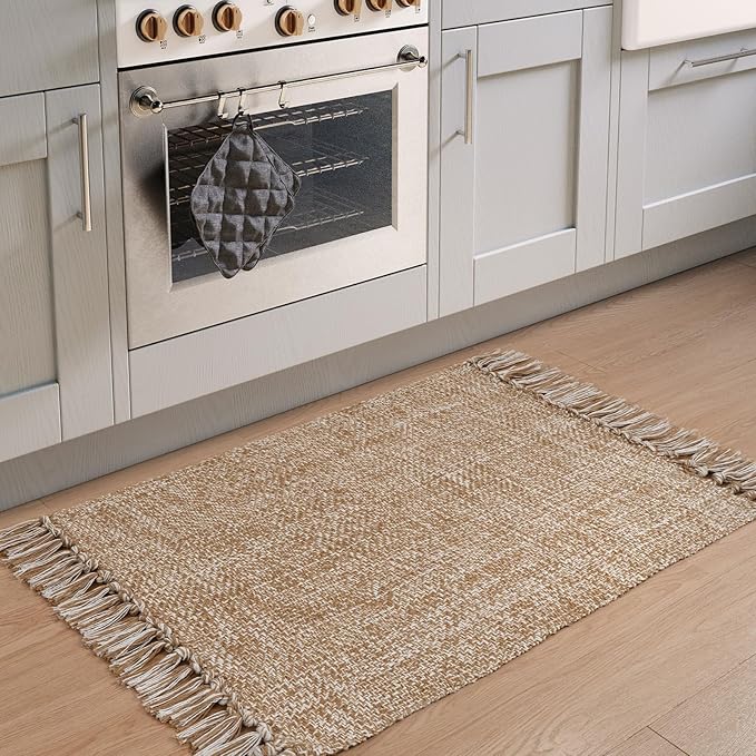 Collive Small Bathroom Rug, 2' x 3' Hand-Woven Low Profile Front Entryway Rug, Tan Cotton Reversible Washable Kitchen Mat Modern Farmhouse Carpet for Foyer Bedroom Back Door Decor
