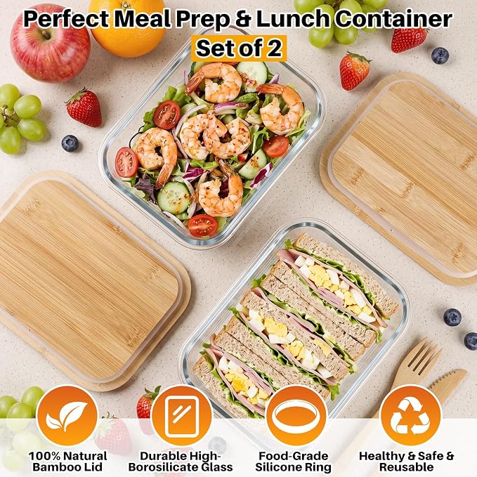 Blushtier 2 Pack 51 oz Borosilicate Glass Food Containers with Bamboo Lids, Stackable Glass Bowls for Meal Prep & Lunch, Microwave, Freezer and Dishwasher Safe