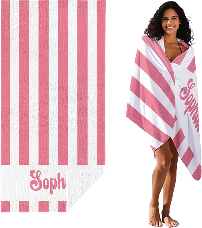 JML Personalized Beach Towel with Name, Custom Cabana Stripe Beach Towel, Customized Microfiber Pool Towel, Quick Dry & Absorbent Swim Towel for Adult,Anniversary, Birthday, Summer Holiday,Vacation