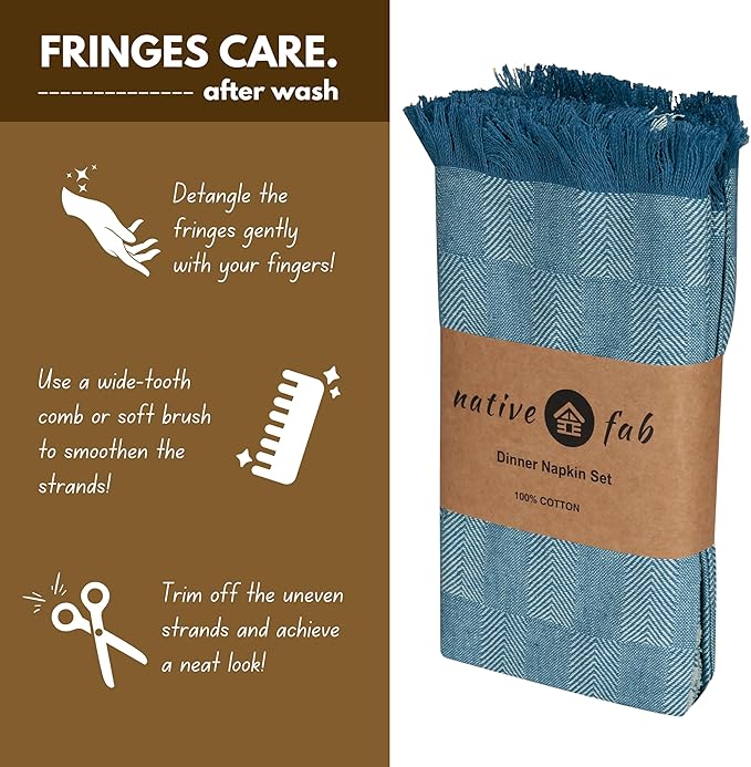 Native Fab Herringbone Cloth Napkins 16x16 inches, 100% Cotton Dinner Napkins with Fringes, Set of 12, Machine Washable Cloth Napkins, Soft Breathable Absorbent, Teal Green