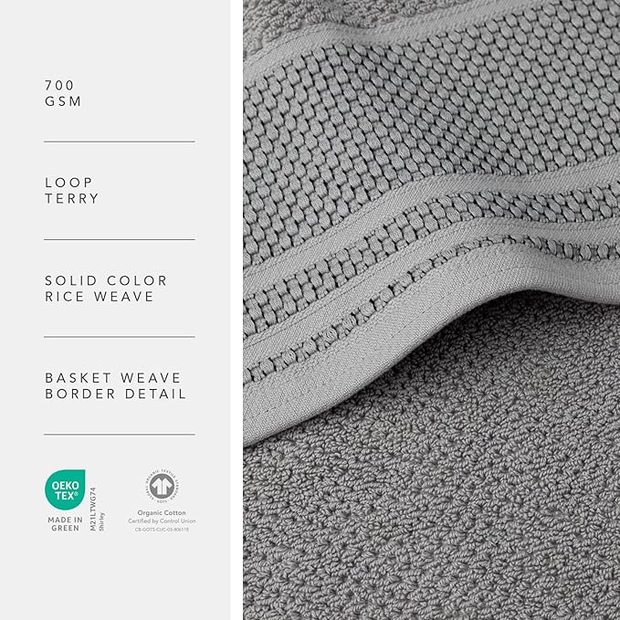 Texere 100% Organic Cotton Rice Weave Jacquard 700 GSM Luxury Bath Towel Sets - 2 Ultra Soft, Large Bath Towels, 2 Hand Towels, 2 Washcloths (Rice Weave, Cathedral Gray, 6 Piece)