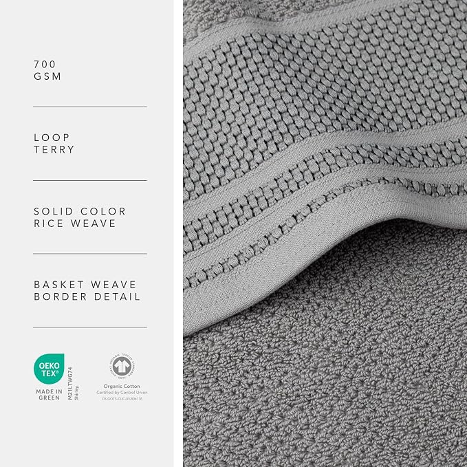 Texere 100% Organic Cotton Rice Weave Jacquard 700 GSM Luxury Bath Towel Sets - Ultra Soft and Absorbent Hotel and Spa Quality (Rice Weave, Cathedral Gray, 4 Bath Towels)