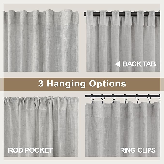Light Grey Curtains 96 Inches Long for Living Room 2 Panels Back Tab Pocket Airy Flowy Lightweight Semi Sheer Linen Gray Curtains for Boys Bedroom Dining Country Chic Decoration 52x96 Inch Length 8 FT