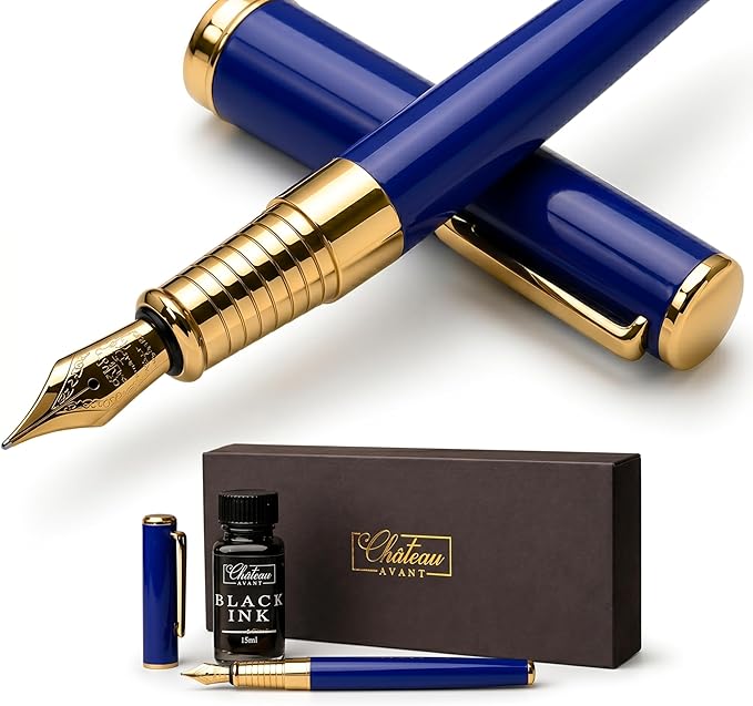 Château Avant Fountain Pen Set | Refillable Blue Fountain Pen with Black Ink Bottle, Fine Nib, and Converter | Smooth Writing Gift Set for Beginners, Men, and Women
