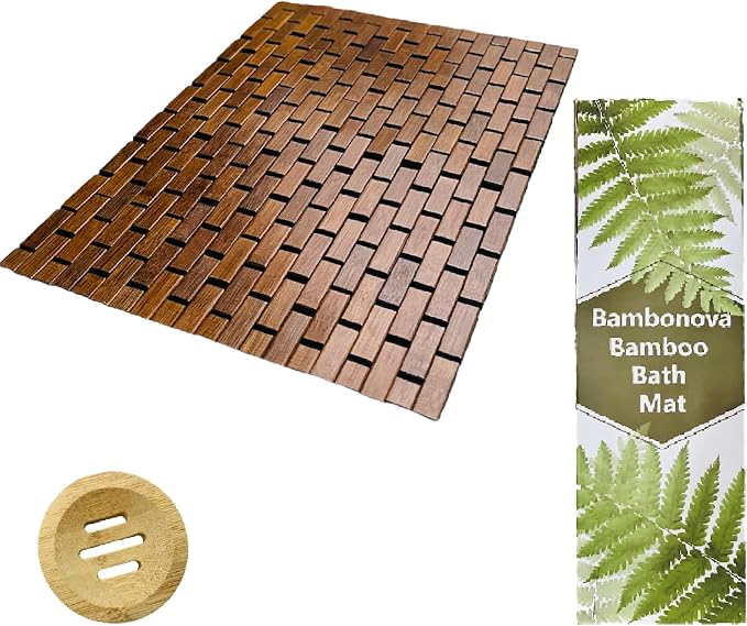 Bamboo Bath Mat Brown 24 x 16 Inches and Soap Dish Set Bathroom Rugs Non Slip Washable Bamboo Shower Mat Bathtub Mat Non Slip for Kitchen Sauna Spa Hot Tub Outdoor Bathroom Décor