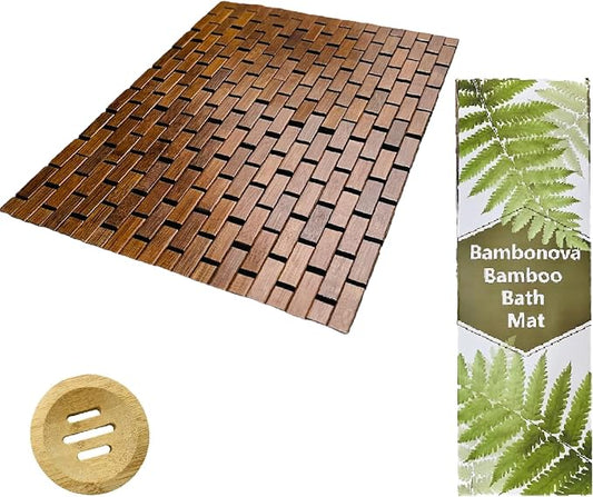 Bamboo Bath Mat Brown 24 x 16 Inches and Soap Dish Set Bathroom Rugs Non Slip Washable Bamboo Shower Mat Bathtub Mat Non Slip for Kitchen Sauna Spa Hot Tub Outdoor Bathroom Décor