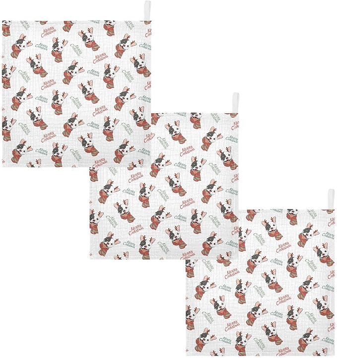 Baby Christmas French Bulldog Muslin Washcloths 3 Pack - Muslin Burp Cloths Hanky Large 11.8"X11.8" Extra Soft Absorbent Baby Burp Rags for Newborn 100% Cotton for Boys Girls Gift