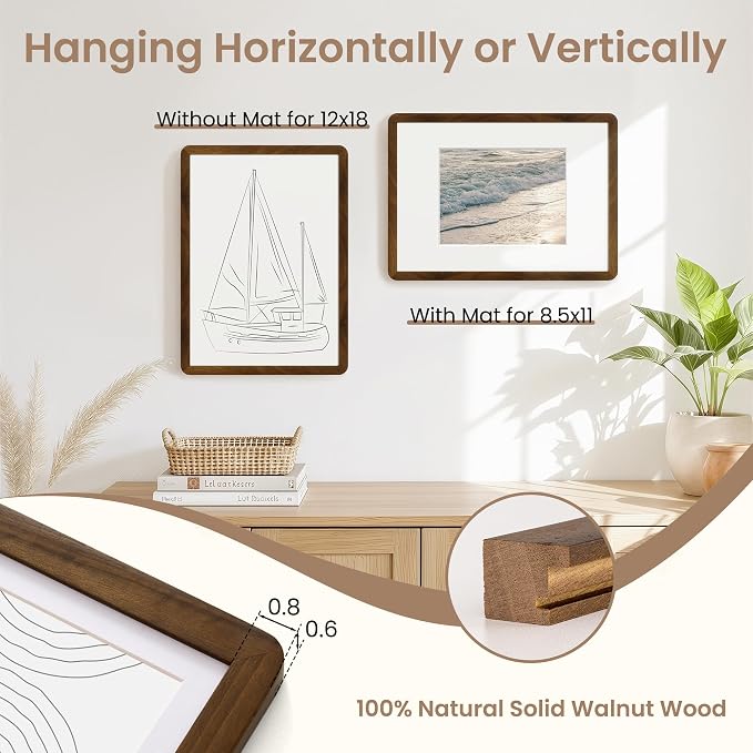 Fun Memories 12x18 Picture Frame - Solid Walnut Wood Poster Frame, 12x18 Photo Frame with Mat for 8.5x11, 12 By 18 Wooden Picture Frame, Horizontal or Vertical Wall Display, Natural Walnut