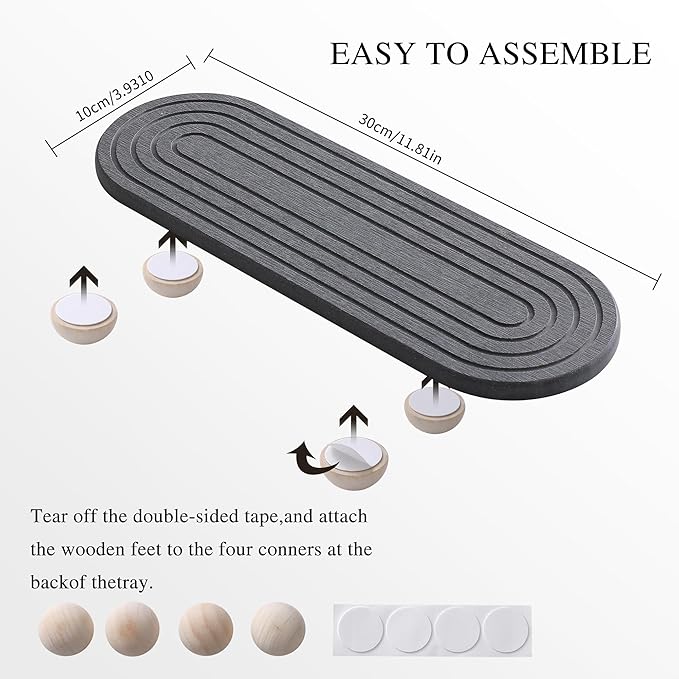 2PCS Water Absorbing Stone Tray for Sink, Quick Drying Diatomite Bathroom Tray Countertop, Stone Drying Mat for Kitchen Counter Faucet, Soap Dish Dispenser Vanity Organizer, Dark Gray-11.8" x 4"