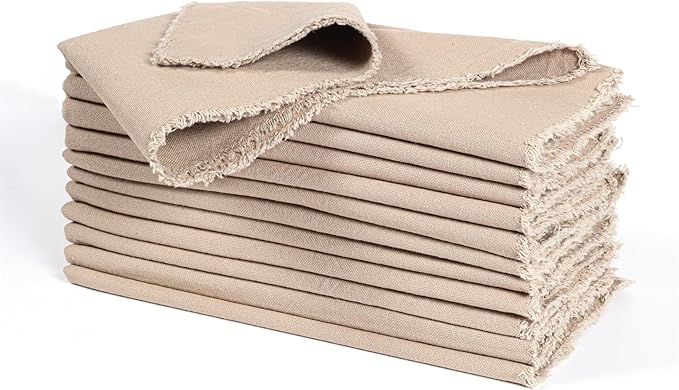 Ramanta Home Cloth Napkins Set of 12 Desert Beige 18x18 Inch - Spring Soft & Durable Frayed Dinner Napkin for Easter Wedding, Birthday | Heavy Weight Fabric Table Linen for Everyday Use Family Dinners