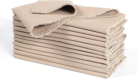 Ramanta Home Cloth Napkins Set of 12 Desert Beige 18x18 Inch - Spring Soft & Durable Frayed Dinner Napkin for Easter Wedding, Birthday | Heavy Weight Fabric Table Linen for Everyday Use Family Dinners