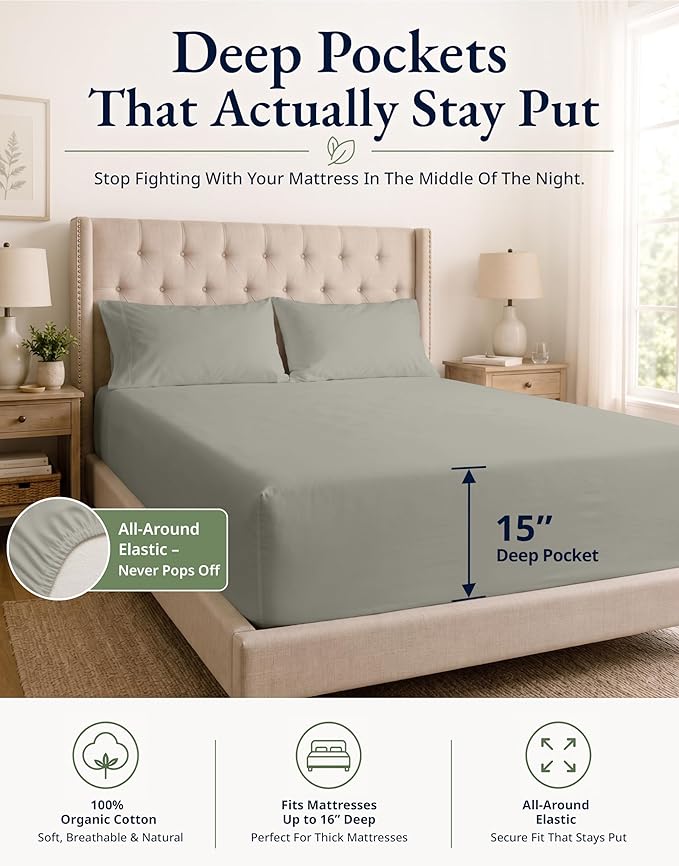 LANE LINEN Full Fitted Sheet & Pillowcases (No Flat Sheet) - 100% Organic Cotton Soft & Breathable Percale Weave Fitted Sheet Set - GOTS Certified - 15 ''Deep Pocket For Snug Fit - Silver
