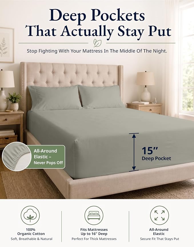 LANE LINEN Queen Fitted Sheet & Pillowcases (No Flat Sheet) - 100% Organic Cotton Soft & Breathable Percale Weave Fitted Sheet Set - GOTS Certified - 15 ''Deep Pocket for Snug Fit - Silver