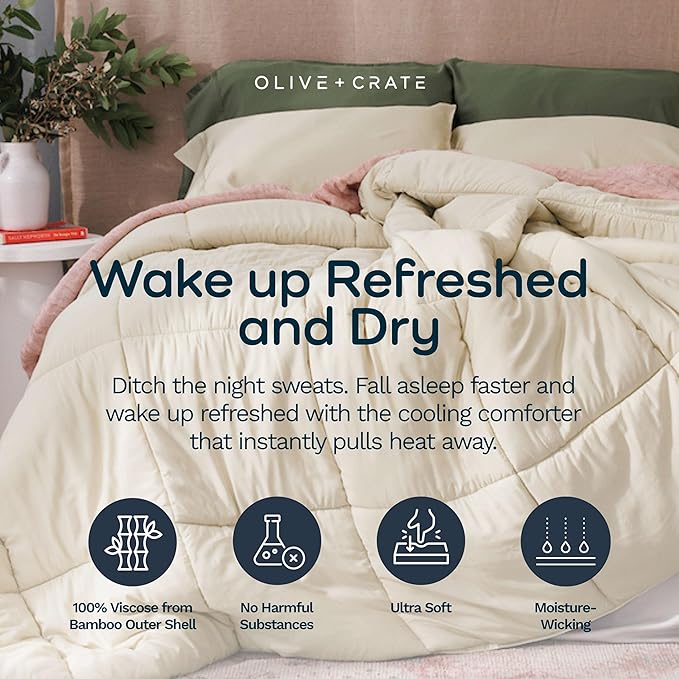 Olive + Crate Cooling Down Alternative Comforter - Hypoallergenic Queen Size Duvet Insert Lightweight - All Seasons Plush Design Bamboo Comforter - 100% Bamboo Viscose Outer Cover - Beige 88"x90"
