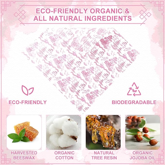 Tigeen 9 Pack Reusable Beeswax Wrap for Food Chinoiserie Beeswax Paper for Sourdough Bread Cheese Paper Wrapping Wax Cloth Food Wraps Bread Sandwich Wrapper 1 XL 3 Medium 5 S(Pink,Chinoiserie)