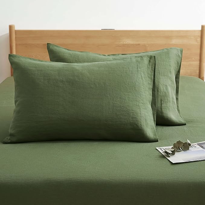 ATLINIA 100% Pure Flax Linen Bedding Set - Stone Washed French Linen Fabric Deep Pocket Fitted Sheet Farmhouse Flat Sheet 2 Pillowcases (Green, Full)