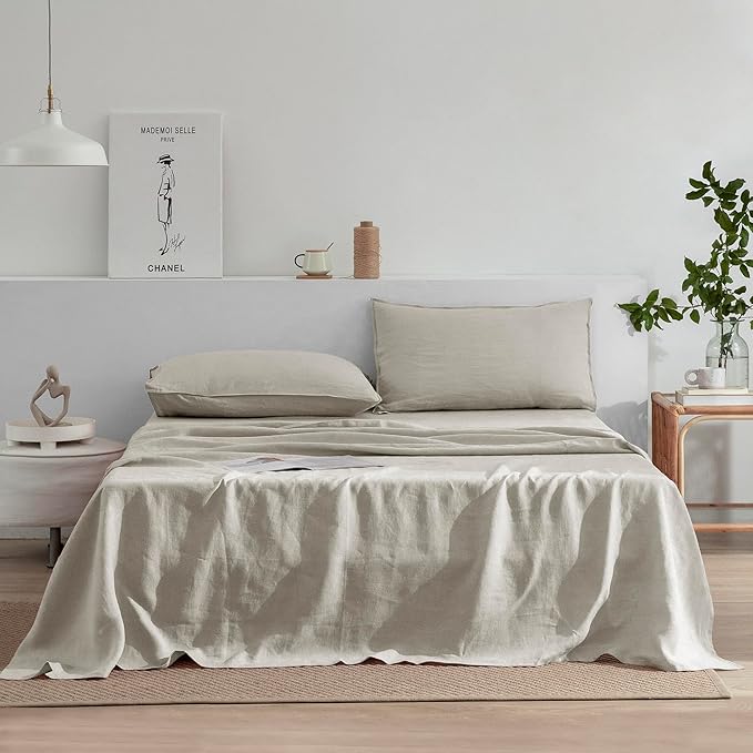EVERLY Linen Sheets Set Twin Size,100% French Pure Linen Sheets Set,3Pieces (1Flat Sheet,1Fitted Sheet,1Pillowcase) Suitable for Hot Sleepers, Stonewash Not Dyed Deep Pocket Natural Linen Bedding Set