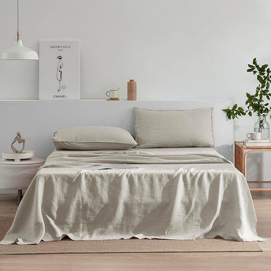 EVERLY Linen Sheets Set Twin Size,100% French Pure Linen Sheets Set,3Pieces (1Flat Sheet,1Fitted Sheet,1Pillowcase) Suitable for Hot Sleepers, Stonewash Not Dyed Deep Pocket Natural Linen Bedding Set