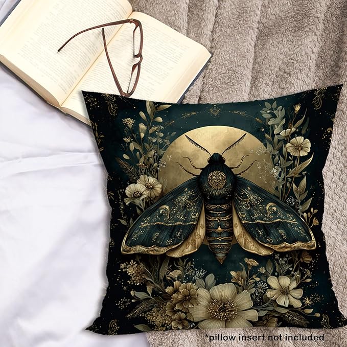 Gothic Moth Throw Pillow Cover Gifts 18x18, Vintage Dark Cottagecore Decor Pillow Cases for Bedroom Living Room, Moody Floral Botanical Decorative Square Pillowcases for Couch Bed Sofa