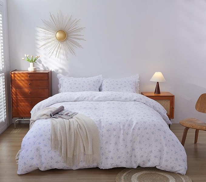 100% French Flax Linen Duvet Cover Set King Size, 3pcs Comforter Digital Botanical Printed Rose Farmhouse Floral Bedding with Button Closure and 8 Corner Ties(Blue Rose, King)