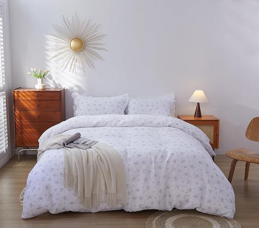 100% French Flax Linen Duvet Cover Set Queen Size, 3pcs Comforter Cover Digital Botanical Printed Rose Farmhouse Floral Bedding with Button Closure and 8 Corner Ties (Blue Rose, Queen)