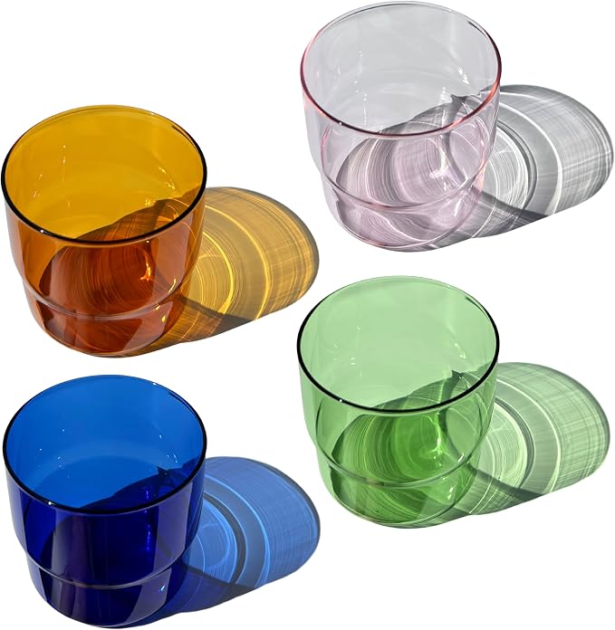 Set of 4 Colored Glass Cups (10oz) - Retro/Vintage Stackable Glassware - Juice, Coffee, Water, Cocktail Drinking Glasses/Cup/Tumbler (Green, Amber, Blue, Pink)
