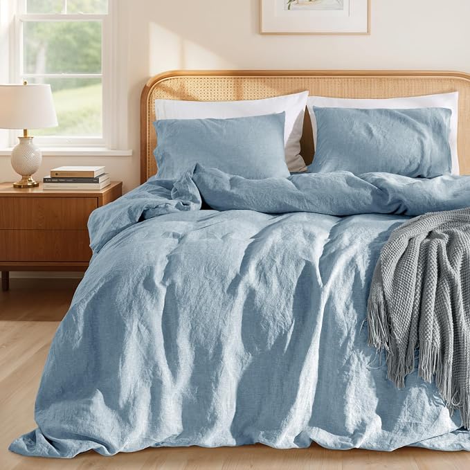 LBRO2M 100% France Linen Duvet Cover Set 3 Pcs Including 1 Flax Comforter Cover with Zipper Closure, 2 Pillowcase, Cozy Duvet Cover King Size, Dusty Blue