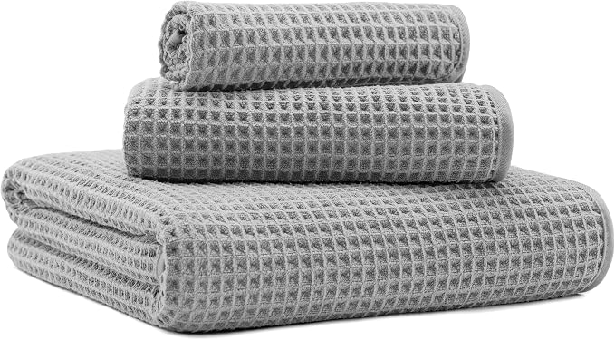 MICROFI New Microfiber Waffle Bath Towels, 3 Pieces, Oversized, Soft, Absorbent, Fast Drying, Lint Free, Includes Bath, Face and Hand Towels 430 GSM